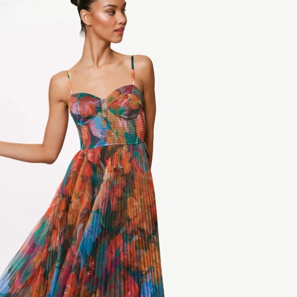 Hutch Anthropologie Brianna Watercolor Pleated Maxi Dress Orange Blue Tulle NWT - Picture 3 of 6